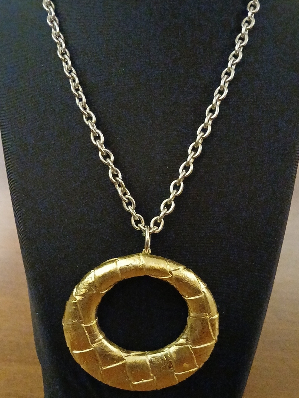 Gold Textured Circle Pendant 2" On Silver Tone Necklace -Statement Jewelry